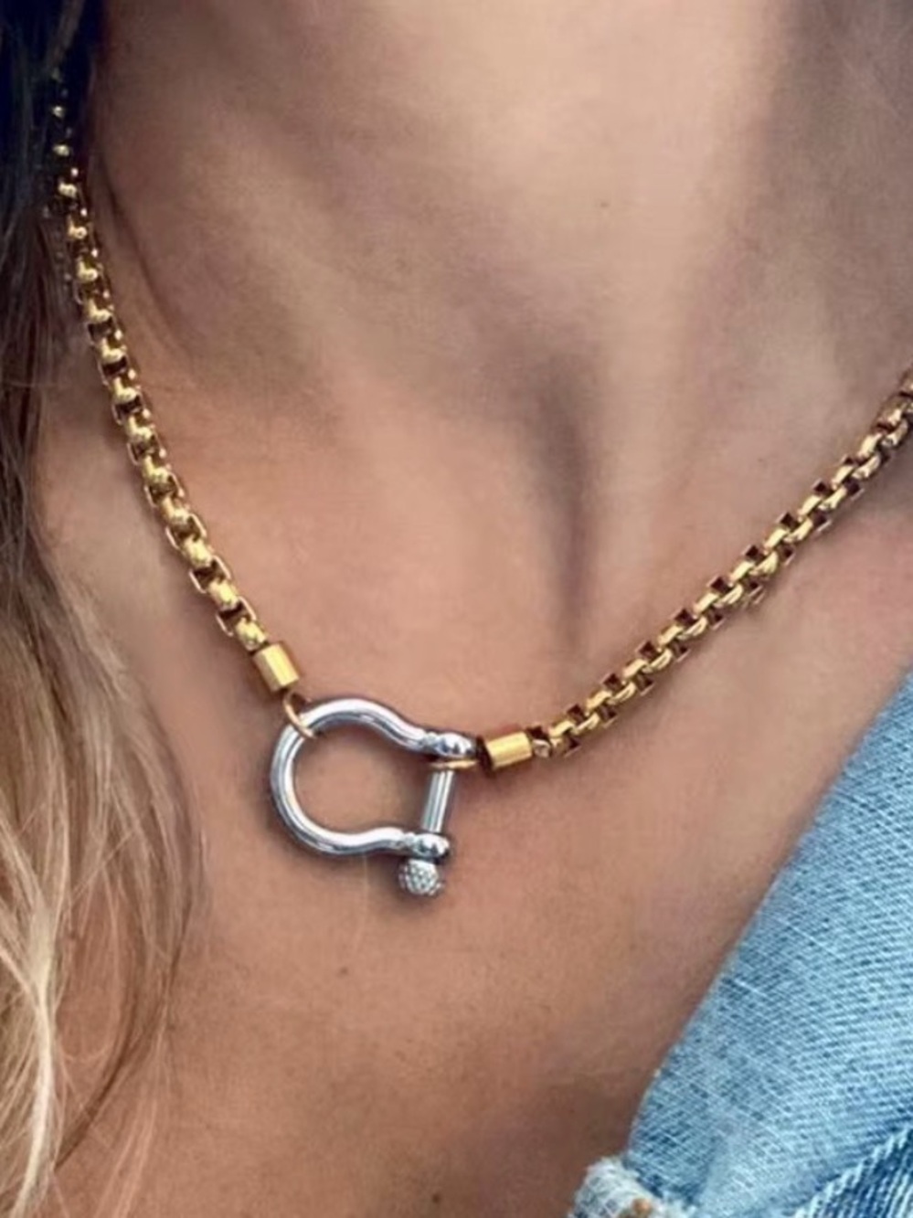 Two-Tone 18k Gold plated and Stainless Steel Chain Necklace with Shackle Clasp